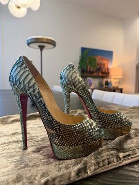 Christian Louboutin Lady Peep Platform Pumps in Green Silver Python (red bottom)